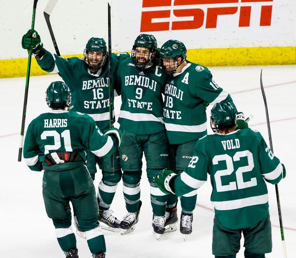 Bemidji State celebrates a goal.