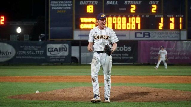 Evan Koehler is pumped walking off the pitching mound. 